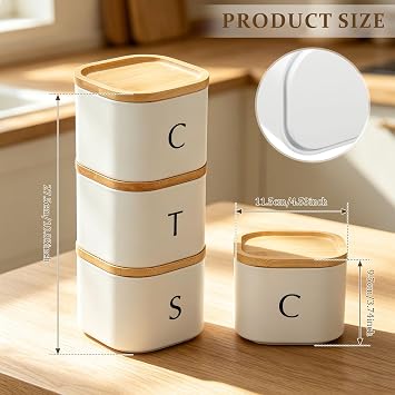 3 Pack Stackable Coffee Tea Sugar Container Set, Square Kitchen Canister Tins with Bamboo Lids, Countertop Storage Jar for Coffee Beans, Tea, Sugar, Flavourings, Cereals, Snacks(White)