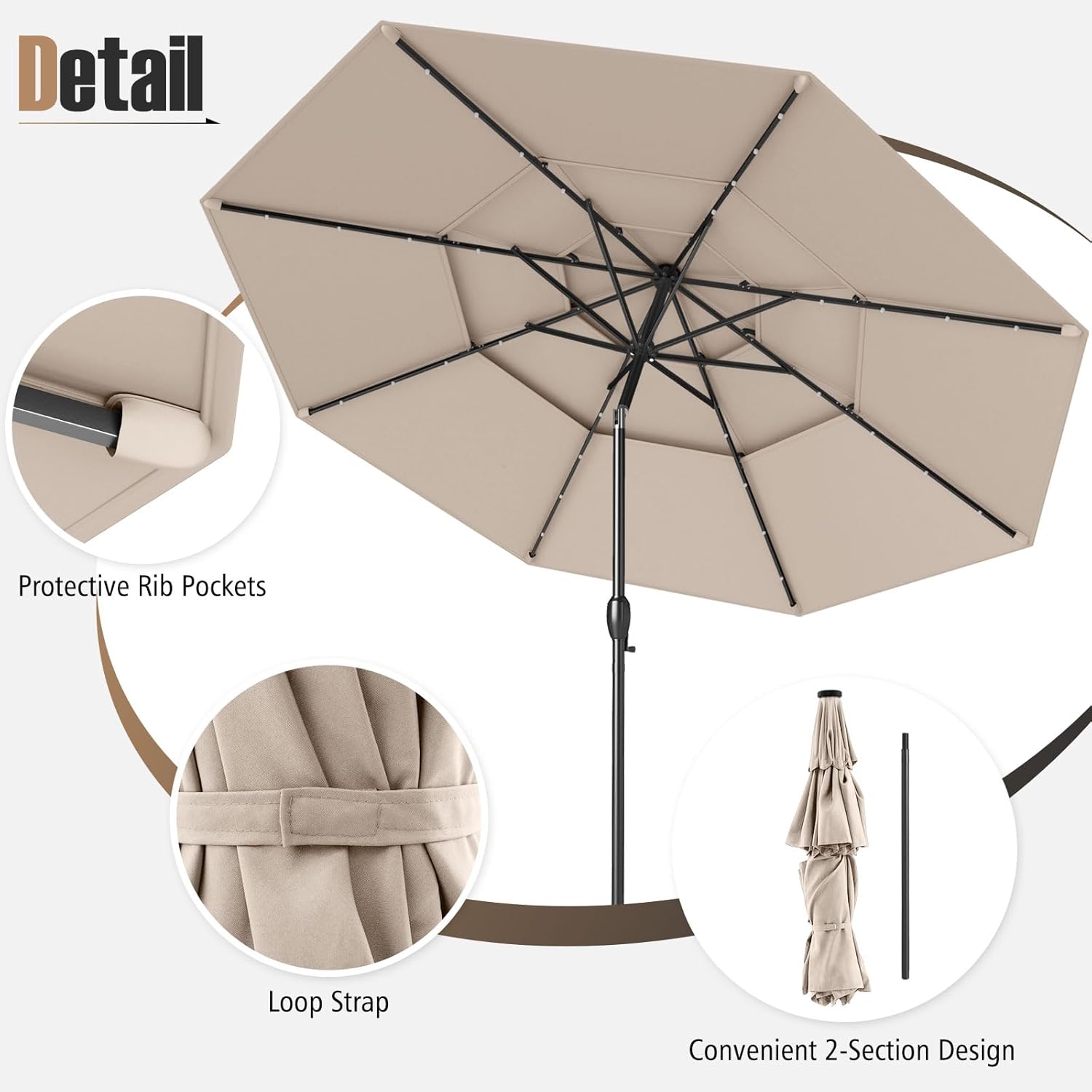 Tangkula 10 FT Solar LED Patio Umbrella, 3-Tier Vented Outdoor Market Table Umbrella with 32 LED Lights, Tilt Adjustment, Crank Handle, 8 Ribs for Backyard Pool Deck (Beige)
