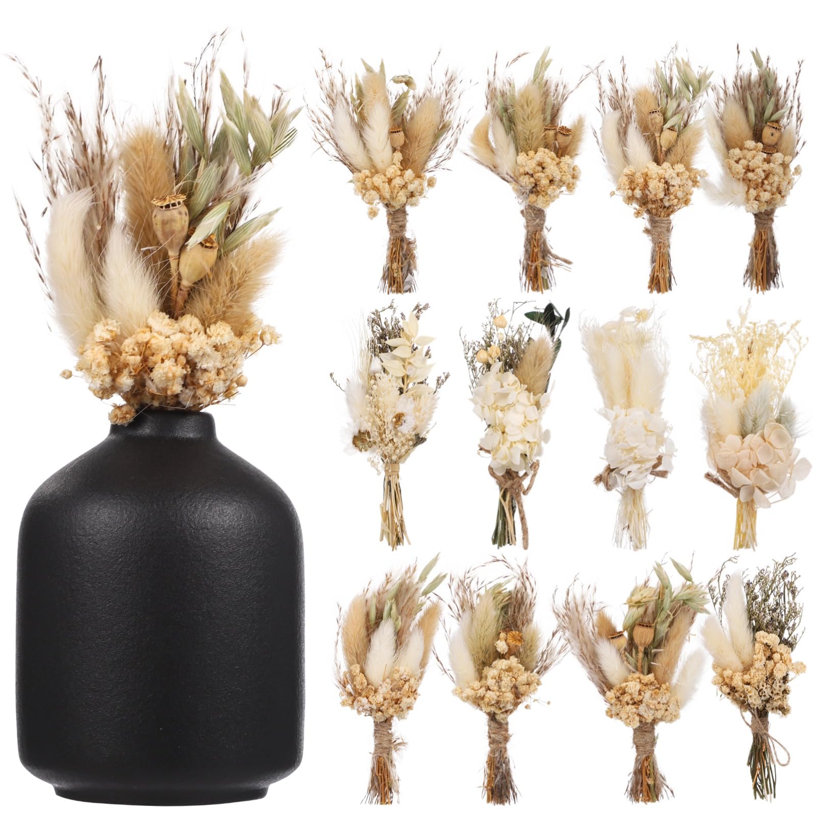 12 STK. Mini Trockenblumensträuße, Boho-Hochzeitsanstecker, rustikale Blumenarrangements, kleine Trockenblumen für Basteln, Vasen und Deko, handgebunden mit Jutegarn