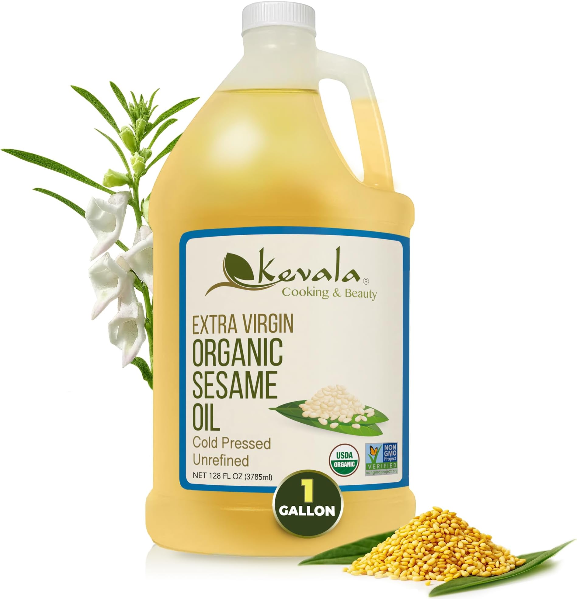 Organic Extra Virgin Sesame Oil – Cold Pressed, Unrefined & Non-GMO Cooking Oil for Salad, Frying, Baking, and Skin or Hair Use – Gluten Free & Kosher Certified – 128 Oz