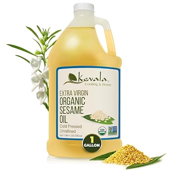 Kevala Organic Extra Virgin Sesame Oil Cold Pressed, Unrefined & Non-GMO Cooking Oil for Salad, Frying, Baking, and Skin or Hair Use Gluten Free & Kosher Certified 128 Oz