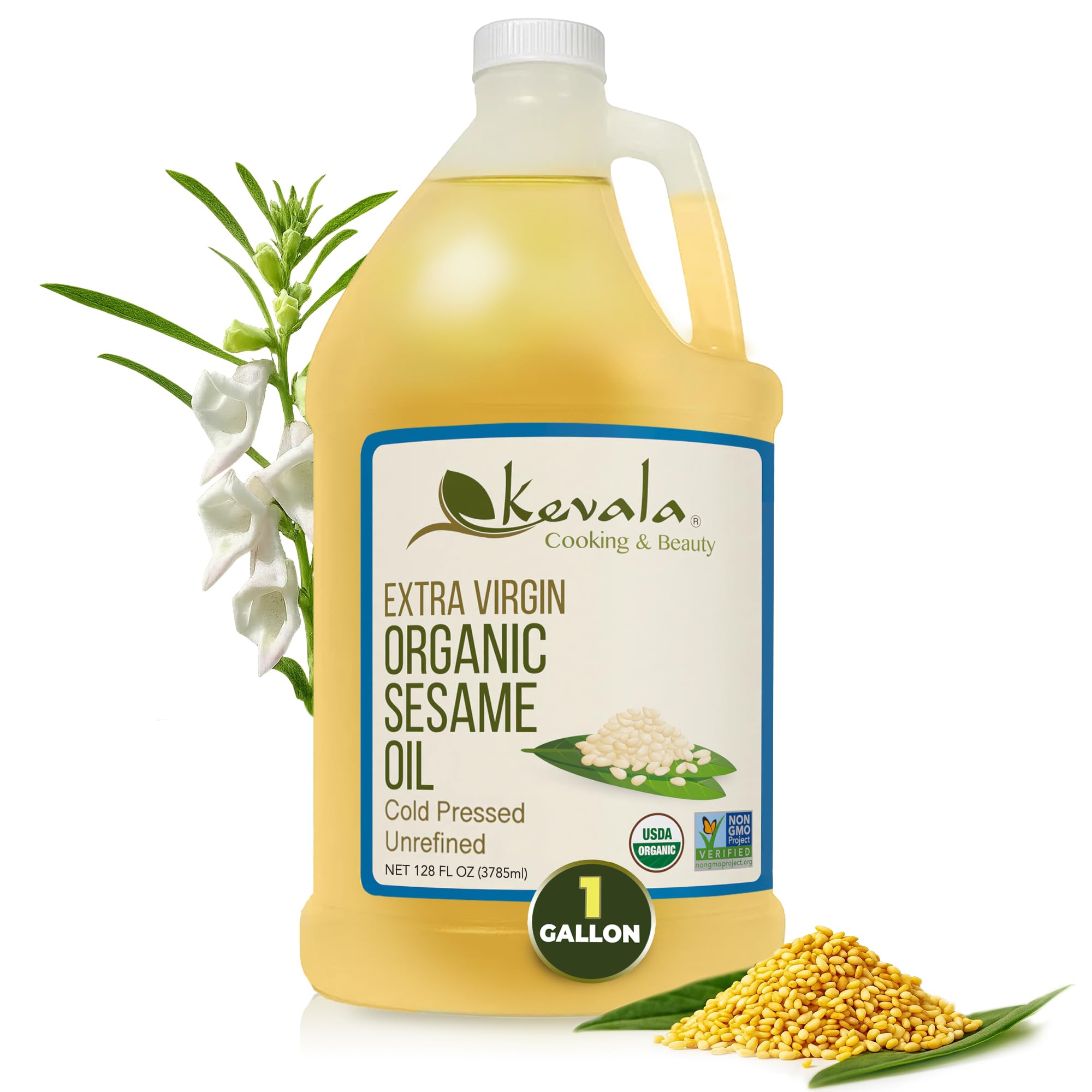 Kevala Organic Extra Virgin Sesame Oil – Cold Pressed, Unrefined & Non-GMO Cooking Oil for Salad, Frying, Baking, and Skin or Hair Use – Gluten Free & Kosher Certified | 128 Oz