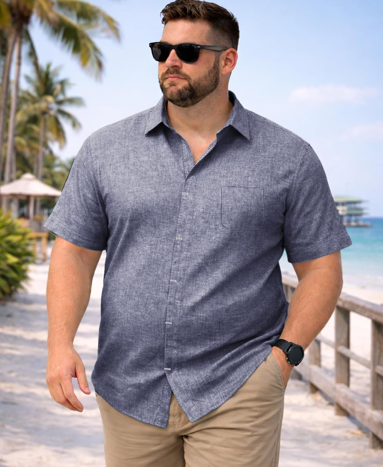 Weecreeture Men’s Big & Tall Linen Short Sleeve Button Up Shirt, Hidden Placket, Breathable Casual Beach Resort, Solid Color