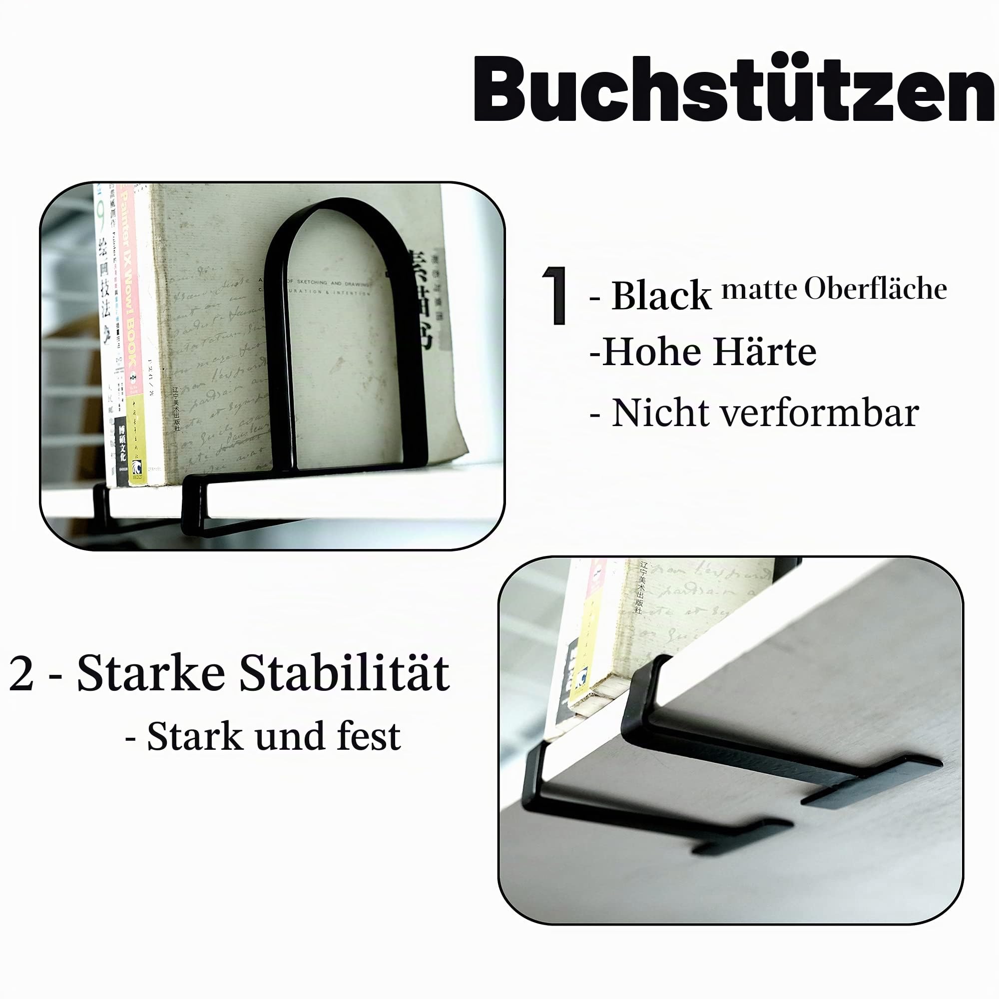 Buchstützen für Regale – Strapazierfähige geklemmte Buchstützen Bücherregalhalter, rutschfeste Buchstützen Stopper Stützen (schwarz, 2)