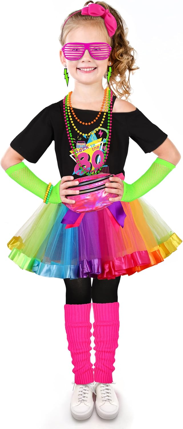 AOTHSO 18 Pieces 80s Outfit for Kids Girls 80s Costume Accessories Set Halloween Cosplay 1980s Party - Image 6