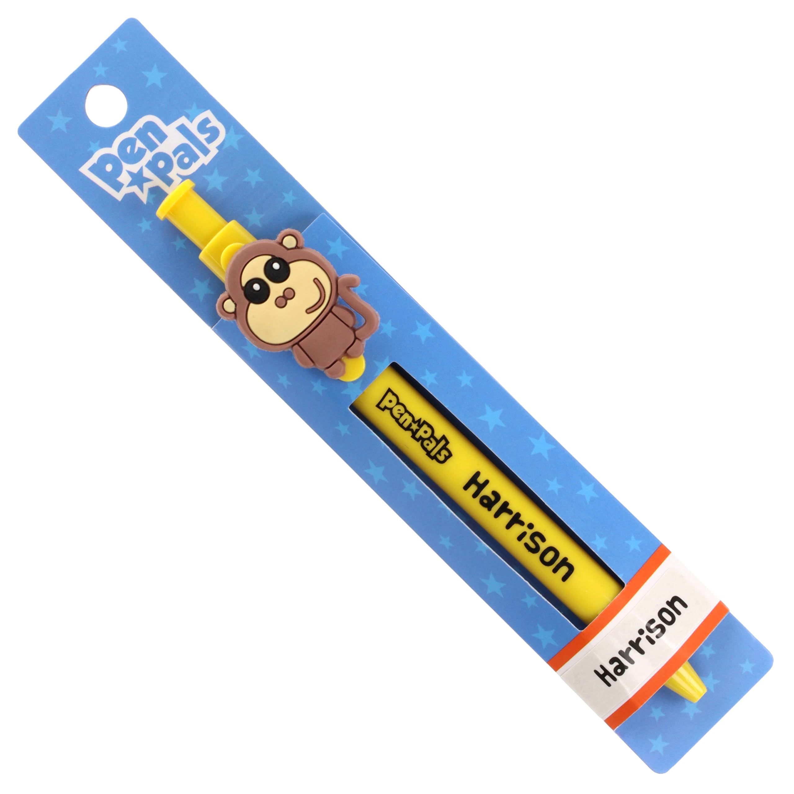 Stands Out, Supplying Outstanding Gifts Harrison Boys Personalised Yellow Retractable Pen With a Fun Monkey Character With Blue Ink