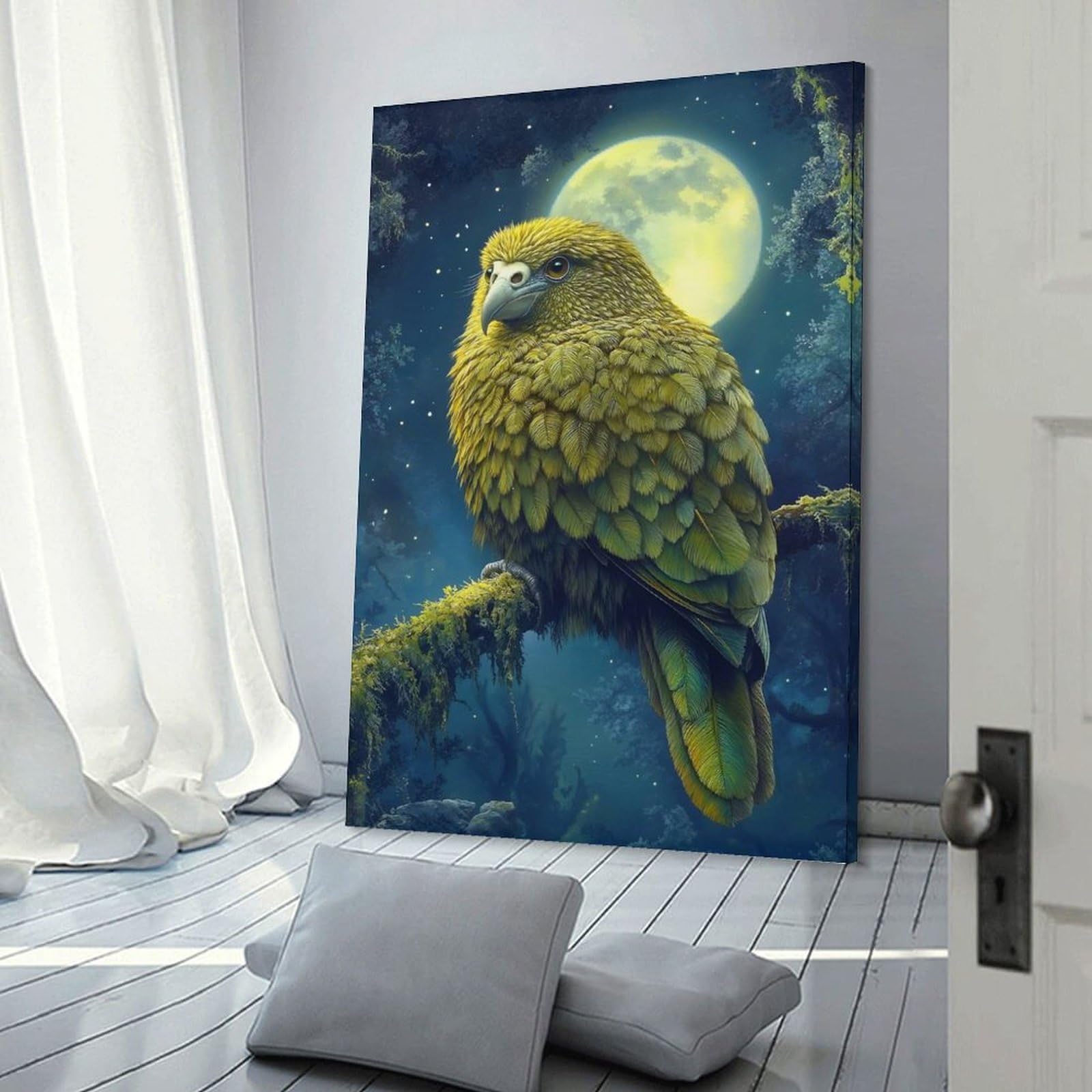 Junmoney Frame-Style-9 Kea Parrot Under Moonlight Decorative Wall Artwork 24X36inch(60X90cm), For Corridors, Hallways Or Apartment Entries, Home Artwork For First Impressions