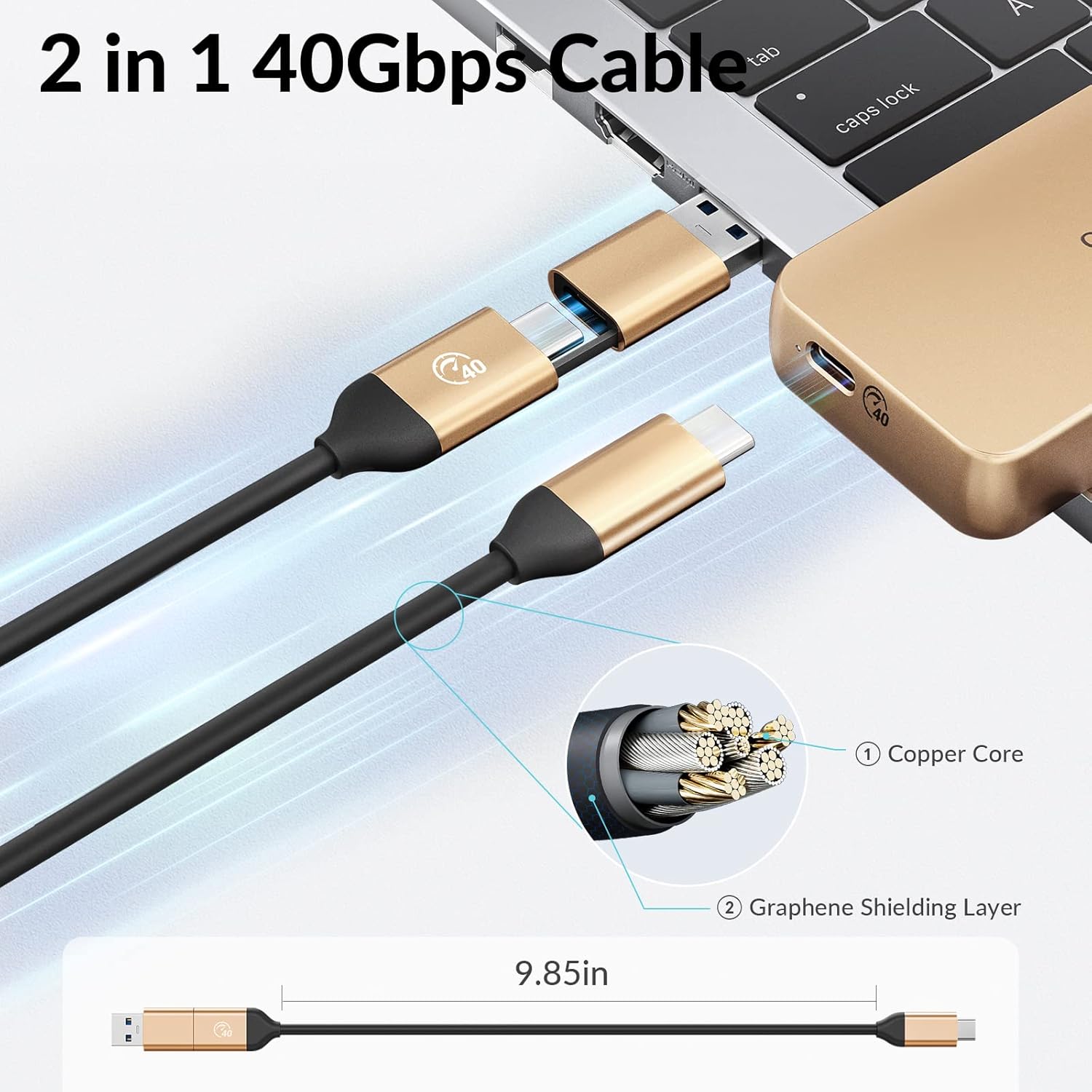 PHIXERO 40Gbps NVMe Enclosure, USB 4.0 M.2 Enclosure Compatible with Thunderbolt 3/4/USB 3.2/3.1/3.0/2.0, Aluminum Triple Heat Dissipation SSD Enclosure with UASP, for 2280 Size M-Key NVMe SSD, Gold