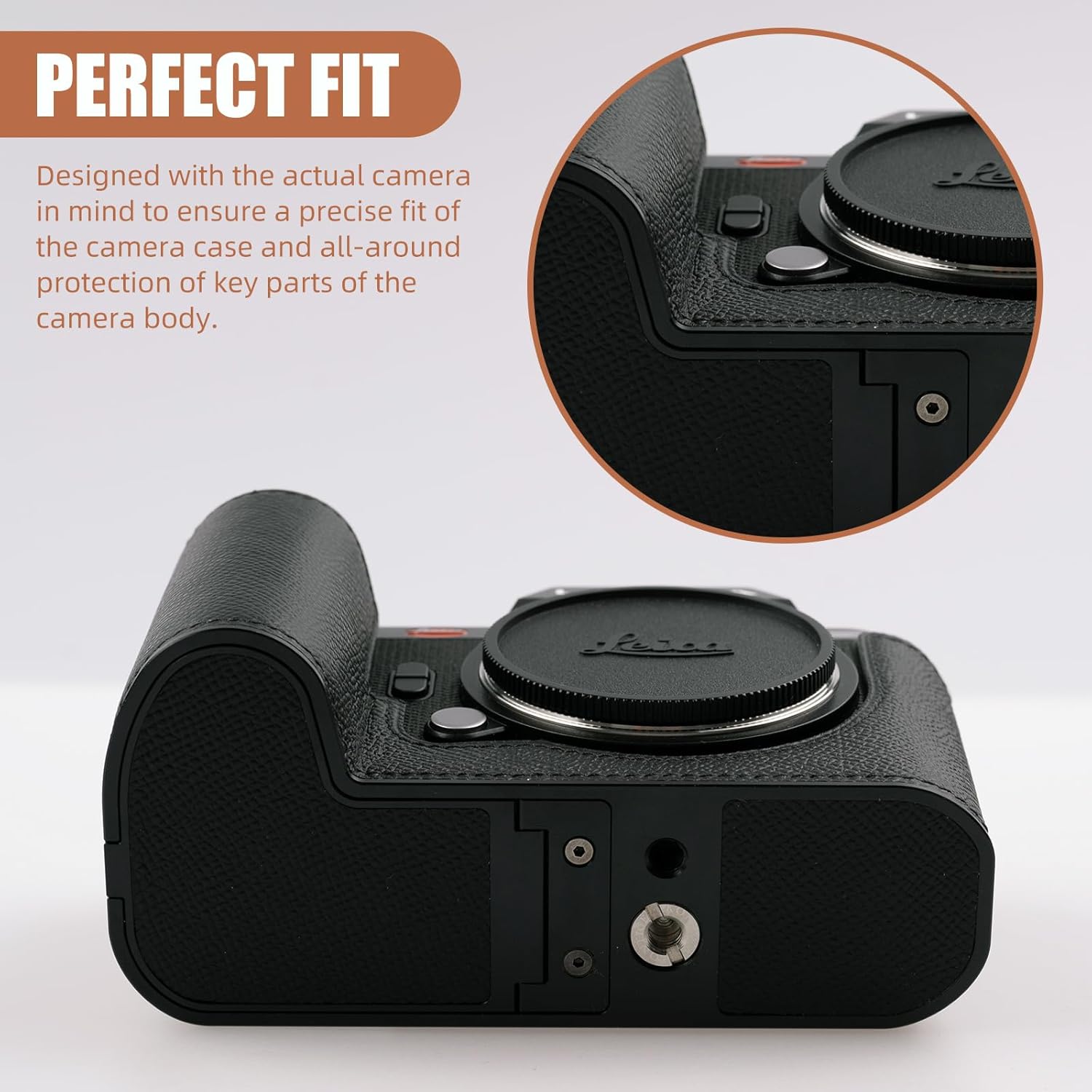 Handmade Genuine Leather Camera Half Case for Leica SL3/Leica SL3s Case - Top Layer Cowhide Body + Metal Base Plate - Hand Shank Design (Black$Black Line)