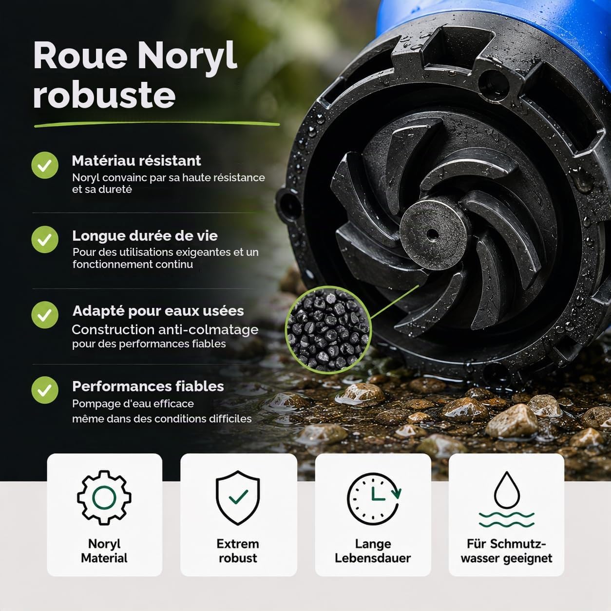 Pompe à eaux usées 7500 l/h avec 400 W – Hauteur de refoulement max. 5 m et profondeur de plongée 4 m, câble de 10 m, protection thermique, roue de course Noryl robuste – Pompe submersible