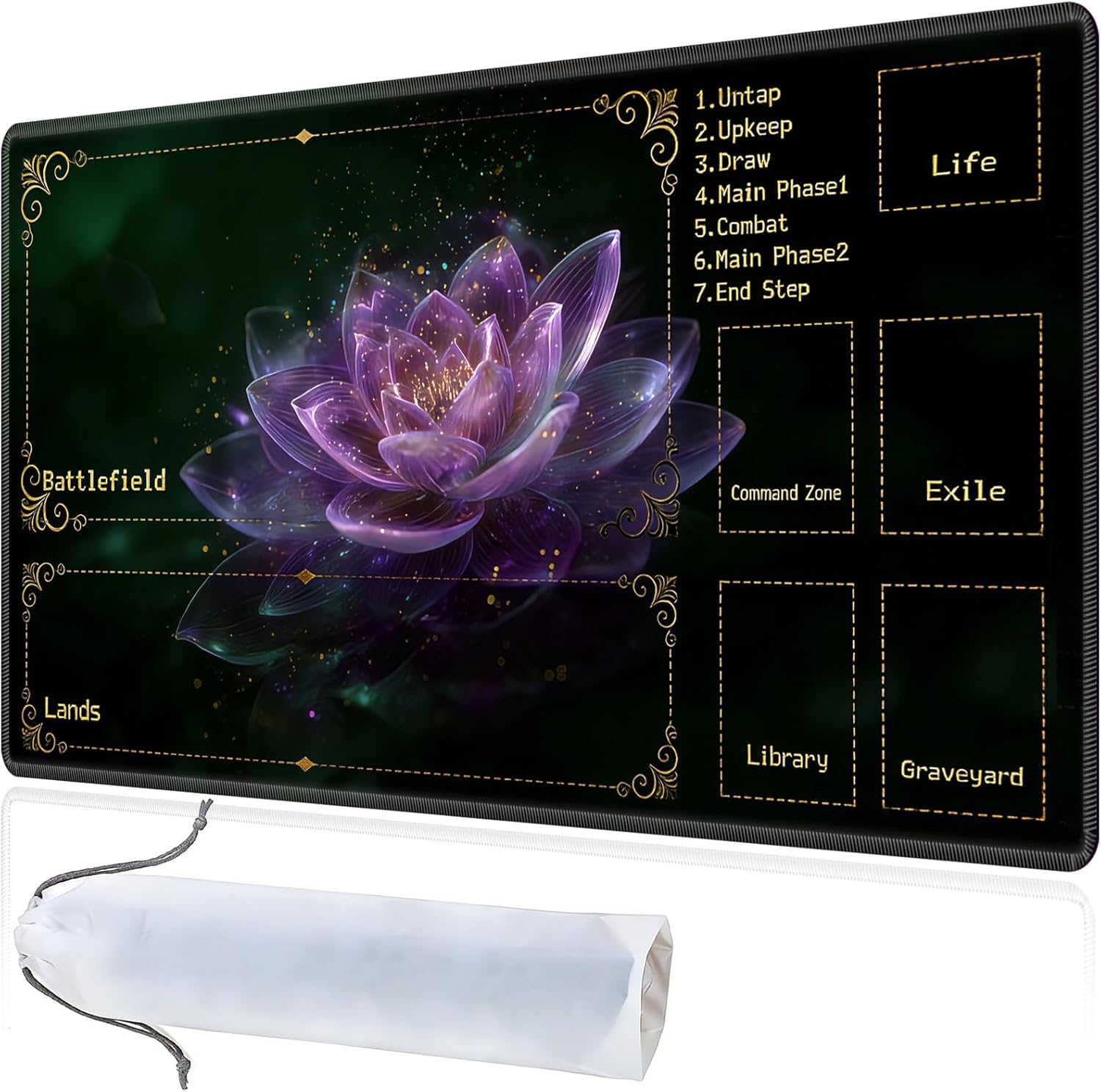 MTG Playmat with Zones, TCG Playmat Card Game Mat for Magic The Gathering, 24x14 inch Stitched Edge Non-Slip Base with Storage Bags, Mysterious Lotus