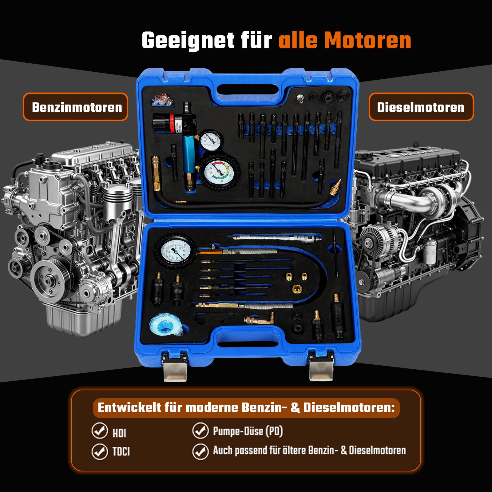 GEARMONSTER Probador de compresión profesional para motores de pérdida de presión, compatible con motores diésel y gasolina, comprobador de pérdida de presión