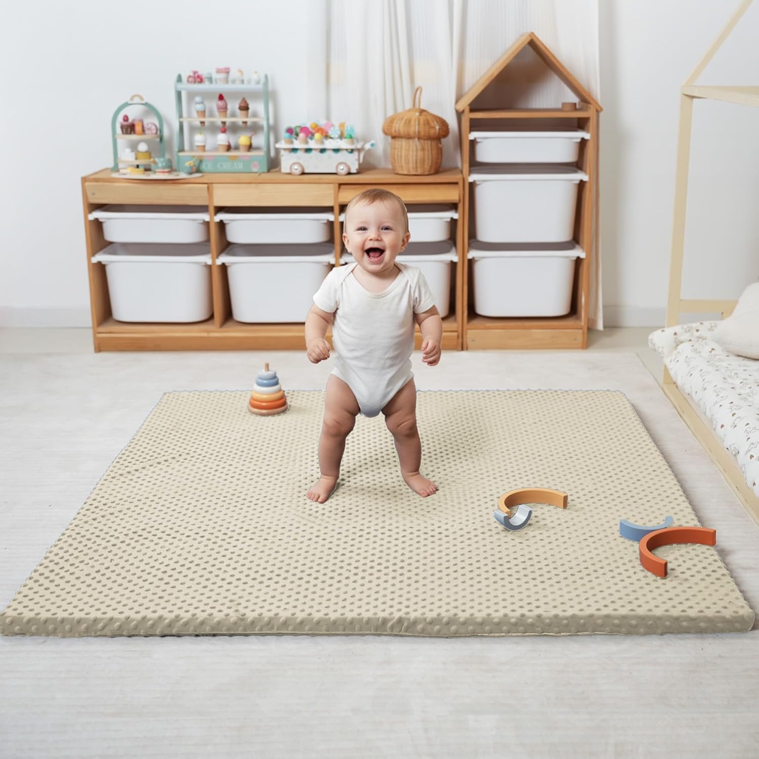 Huloo Sleep Baby Floor Play Mat for Playpen, Extra Thick 50"x50" Padded Mat with Ultra Soft 3D Minky Dot & Removable Washable Cover, Non-Slip & Safe for Crawling,Tummy Time,Infant/Toddler(Beige)