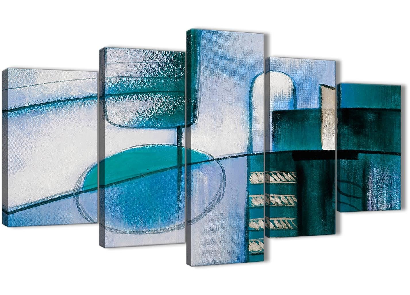 Wallfillers 5 Piece Teal Cream Painting Abstract Bedroom Canvas Wall Art Decor - 5417-160cm XL Set Artwork