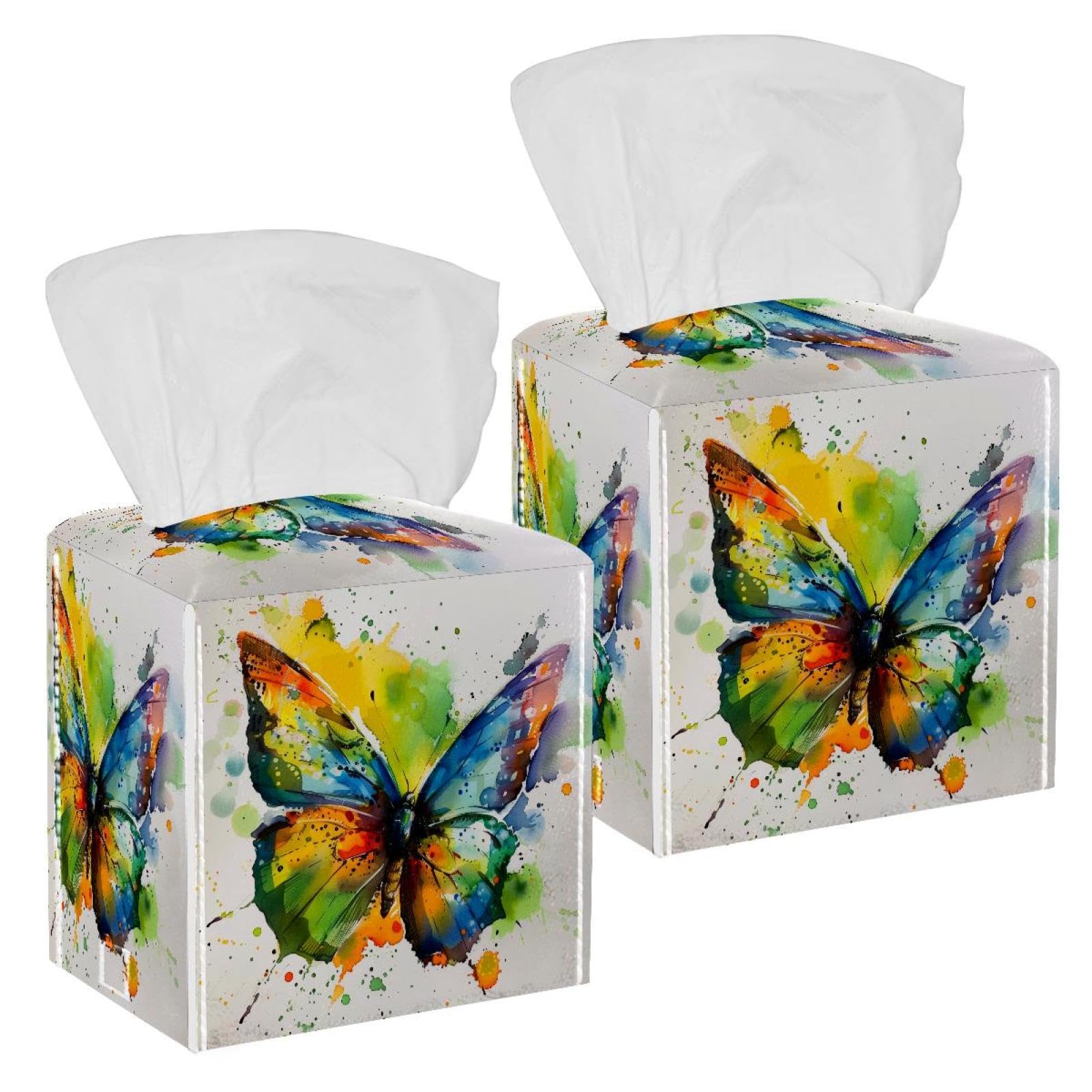 Watercolor Splash Butterfly Tissue Box Cover, 2 Pack PU Leather Square Facial Tissue Dispenser Box holder for Home Office Car