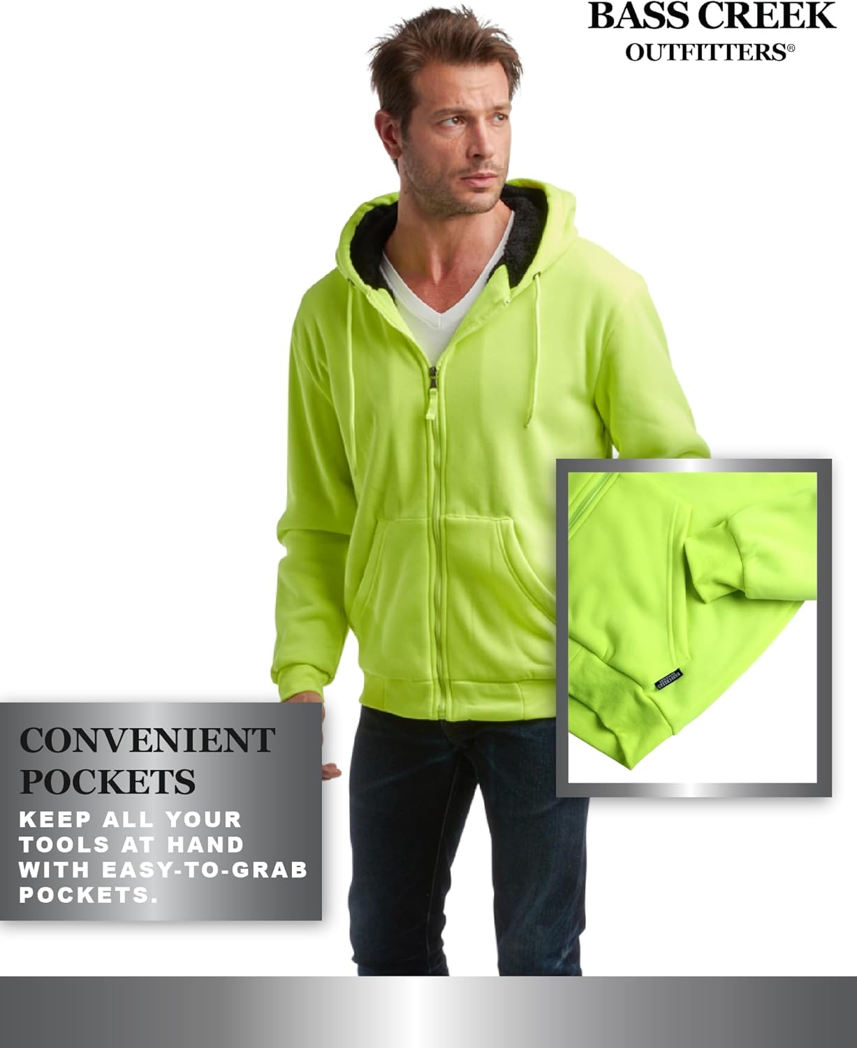 Bass Creek Outfitters Mens High Vis Hoodie - Heavyweight Water Resistant Sherpa Lined Work Hoodies for Men (M-XXL) - Image 6