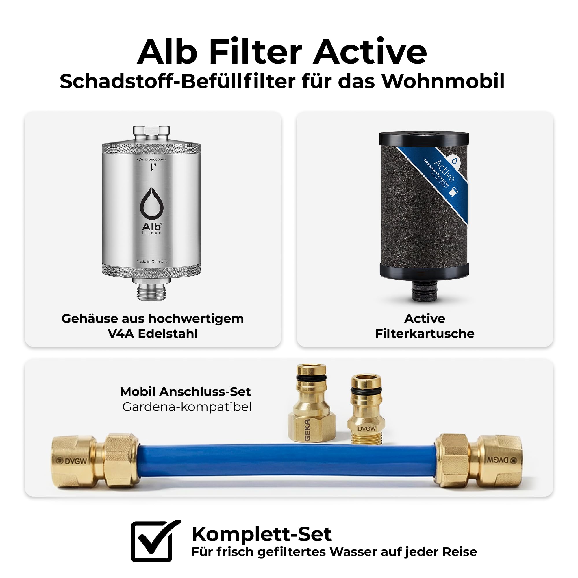 Alb Filter MOBIL Active Trinkwasserfilter Blau – Befüllfilter für Wohnmobil & Camping – Der Wasserfilter reduziert Schadstoffe im Trinkwasser & verbessert den Geschmack – Made in Germany