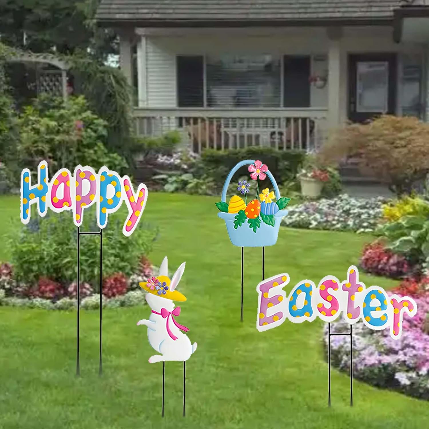 Easter decor Garden Stakes Set of 4,Easter decorations outdoor,Easter outdoor decorations yard,Metal easter yard decorations outdoor,Easter outdoor decorations, Easter Rabbit & Egg Yard Signs.