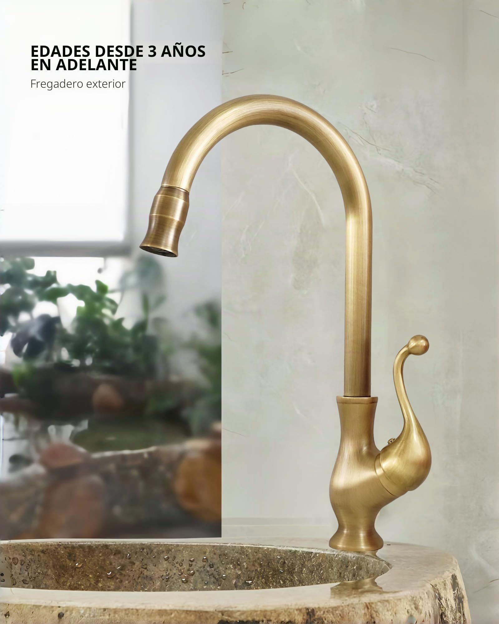 Grifo Cocina Alto Latón Antiguo, Mezclador Monomando Fregadero Bronce Retro, Giratorio 360° Griferia Lavabo Baño Cobre con Caño Alto de Arco