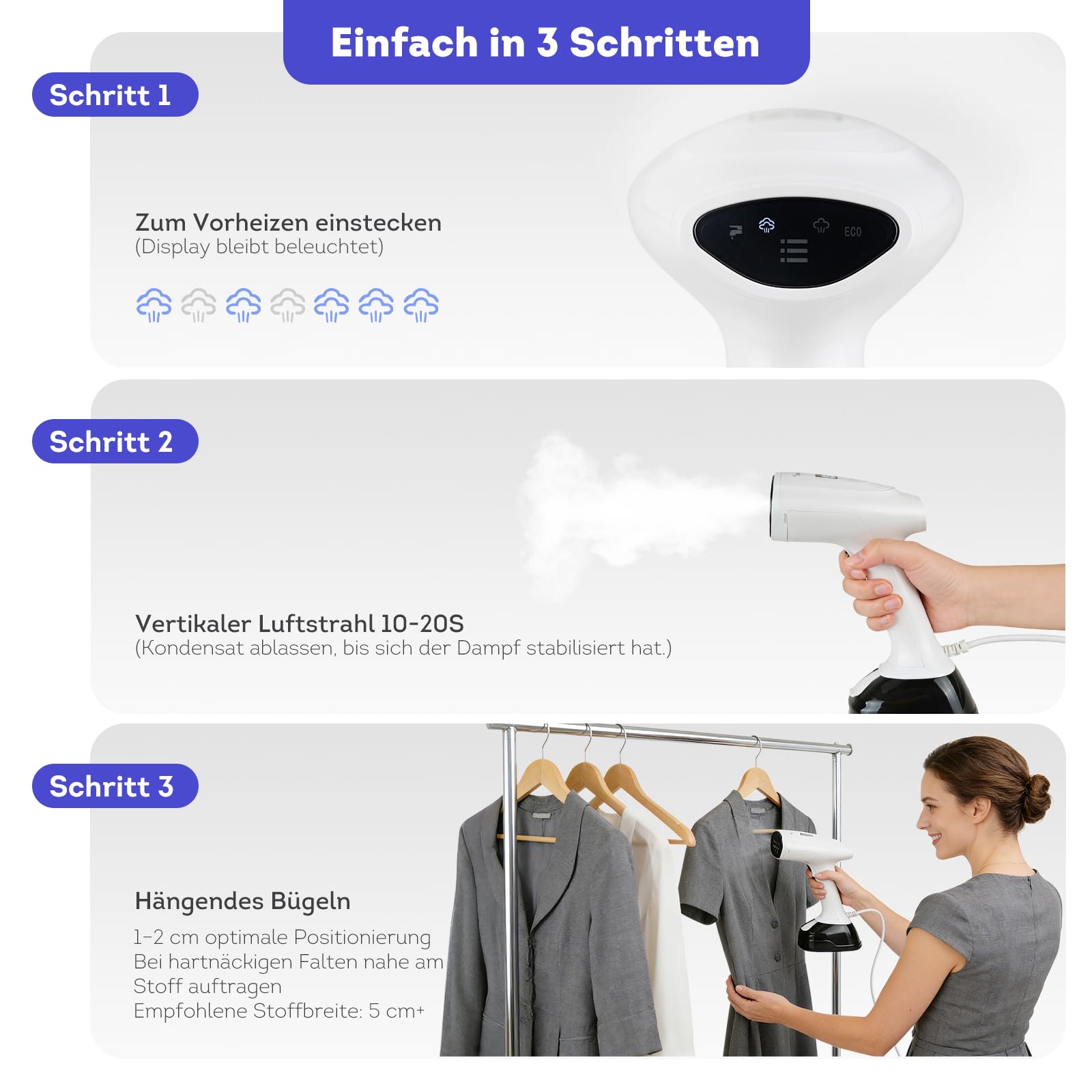 Steamer & Dampfglätter 1800W, Tragbarer Dampfbügler mit 3 Dampfstufen & 400ml Wassertank, Kompakter Reisebügeleisen zum Schnell Entfalten von Hemden, Kleidung und Vorhängen