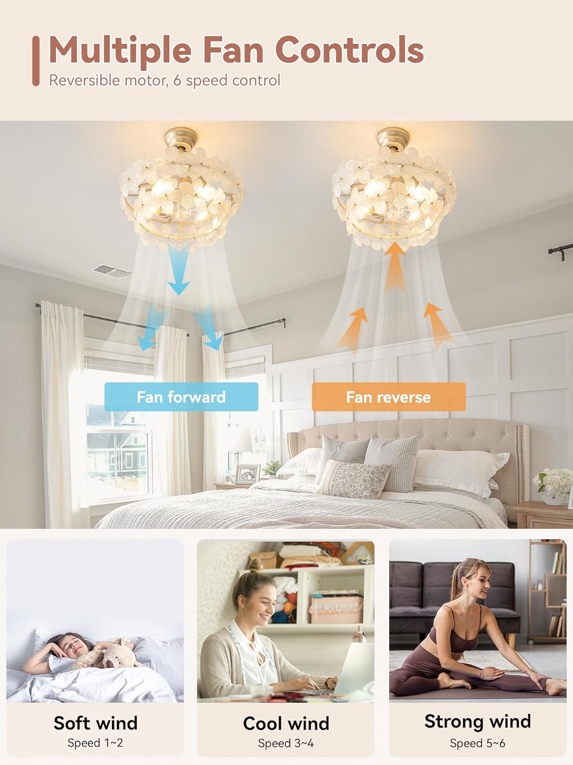 20" Gold Crystal Fandelier Ceiling Fans with Lights, Gold Flower Chandelier Ceiling Fan with Light Remote Control, Morden Caged with 6 Speeds for Bedroom, Nursery, Living Room(Clear)