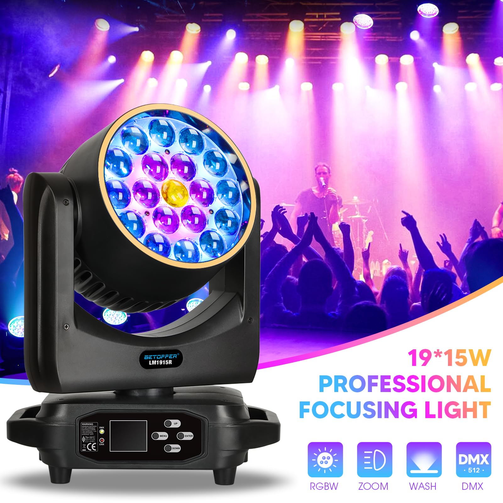 BETOPPER Teste Mobili 19x15W RGBW Luci da Palco con Effetto Striscia LED, Luci Discoteca, Luci DJ, Faro Motorizzato Moving Head per Festa, Matrimonio, Club e Spettacoli