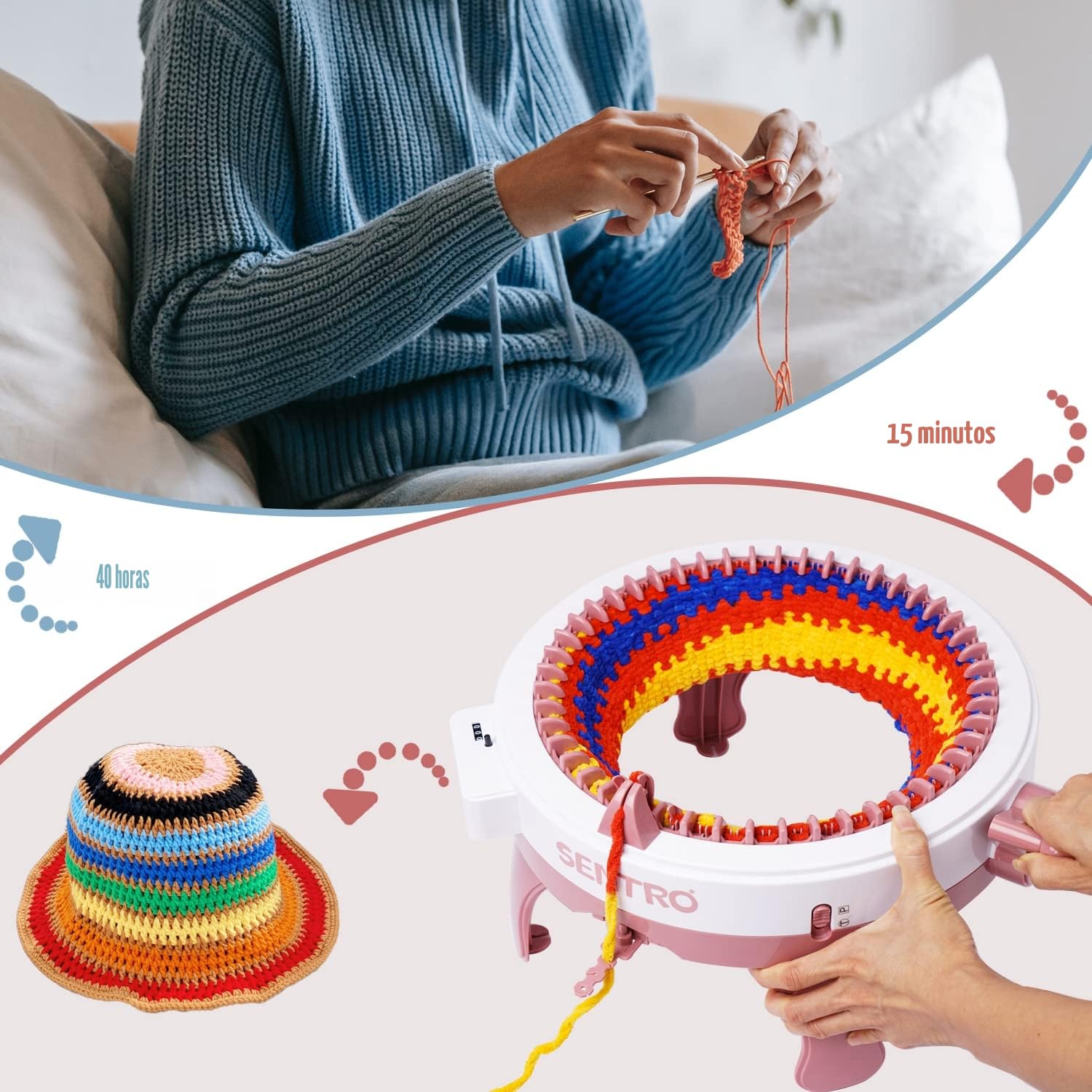 Máquina de tejer circular de 48 agujas para adultos y niños, máquina de telar para tejer bufandas, sombreros, calcetines y guantes (rosa)