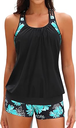 Tankini De Dos Piezas Para Mujer - Top Con Push-up Y Shorts De Cintura Alta, Poliéster, Tallas Grandes, Playa/piscina