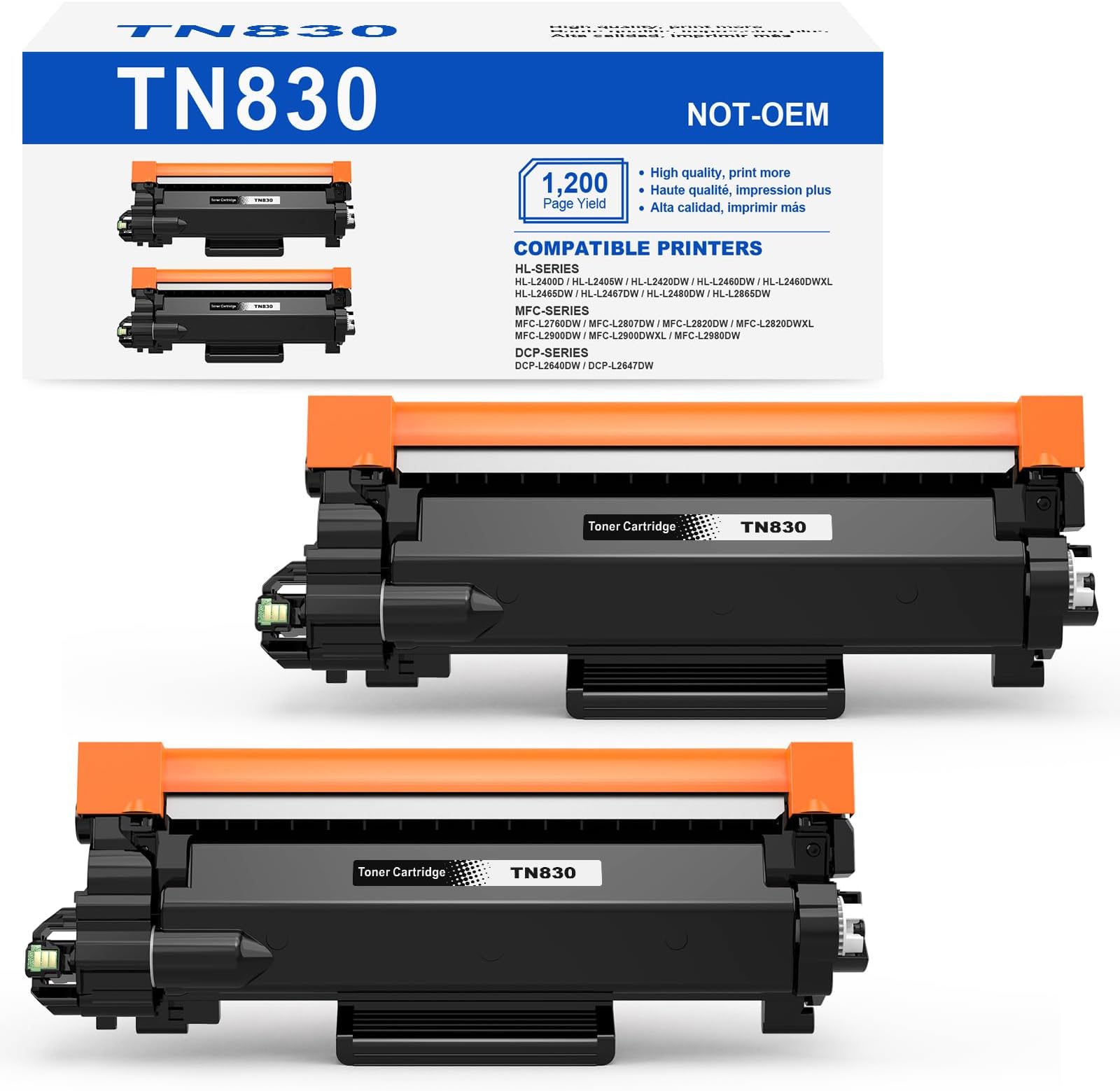 TN830 Black Printer Toner Cartridge for Brother TN-830 TN 830 - Print up to 1,200 Pages Use with Brother HL-L2460DW HL-L2480DW DCP-L2640DW MFC-L2820DW HL-L2400D HL-L2405W (2 Blacks)