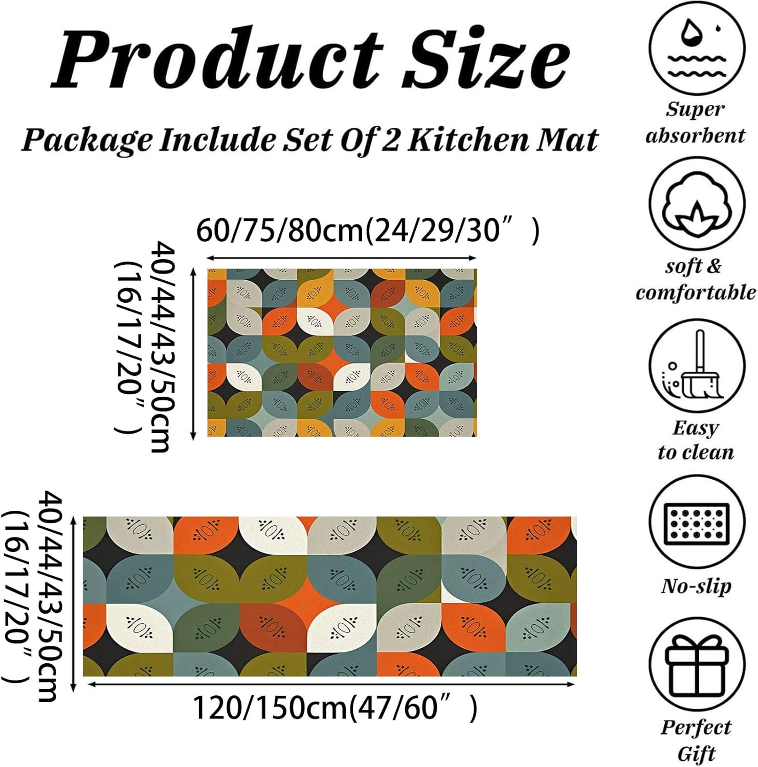 Petal Geometry Kitchen Mat Set of 2 Pcs, Non Slip Kitchen Rug Teal, Abstract Art Washable Absorbent Floor Mat Runner Rug, Cushioned Standing Mats (20"X30"+20"X59")