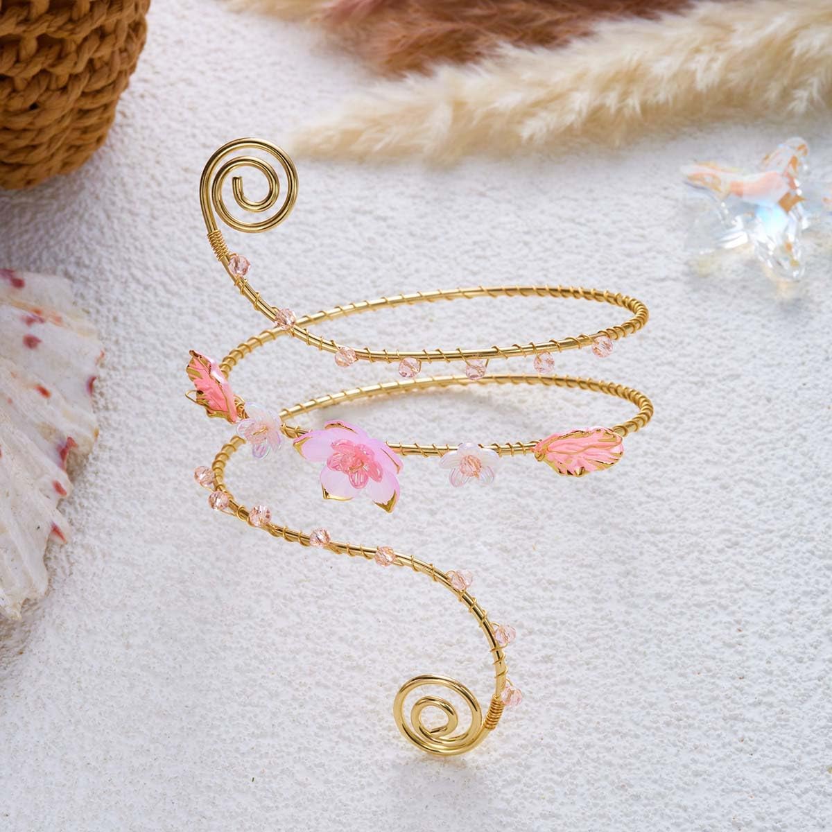 Gold Wire Wrapped Upper Arm Cuff Bracelet for Women Adjustable Boho Floral Ocean Theme Arm Band Lily Cherry Blossom Seashell Starfish Butterfly Arm Jewelry Wedding Beach Summer Party Accessories image 5