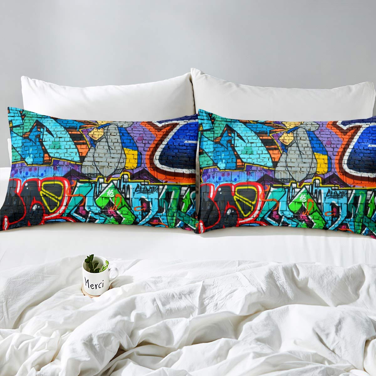 Hippie Graffiti Style Fitted Sheet Hip Hop Decor Bedding Set Young Man Graffiti Pattern Bed Sheet Cover for Boys Girls Teens Wall Graffiti Art Bed Cover Single Size With 1 Pillow Case - Image 2
