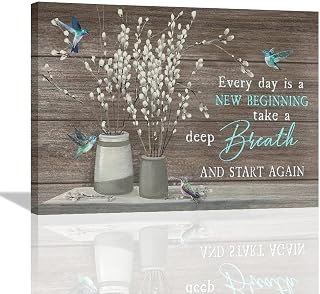 SweetFox Farmhouse Bathroom Flower Wall Art Rustic Hummingbird Cotton Pictures Wall Decor Everyday is a New Beginning Canvas Painting Print Artworks Framed for Bedroom Living Room Bath 16L" X 12W"