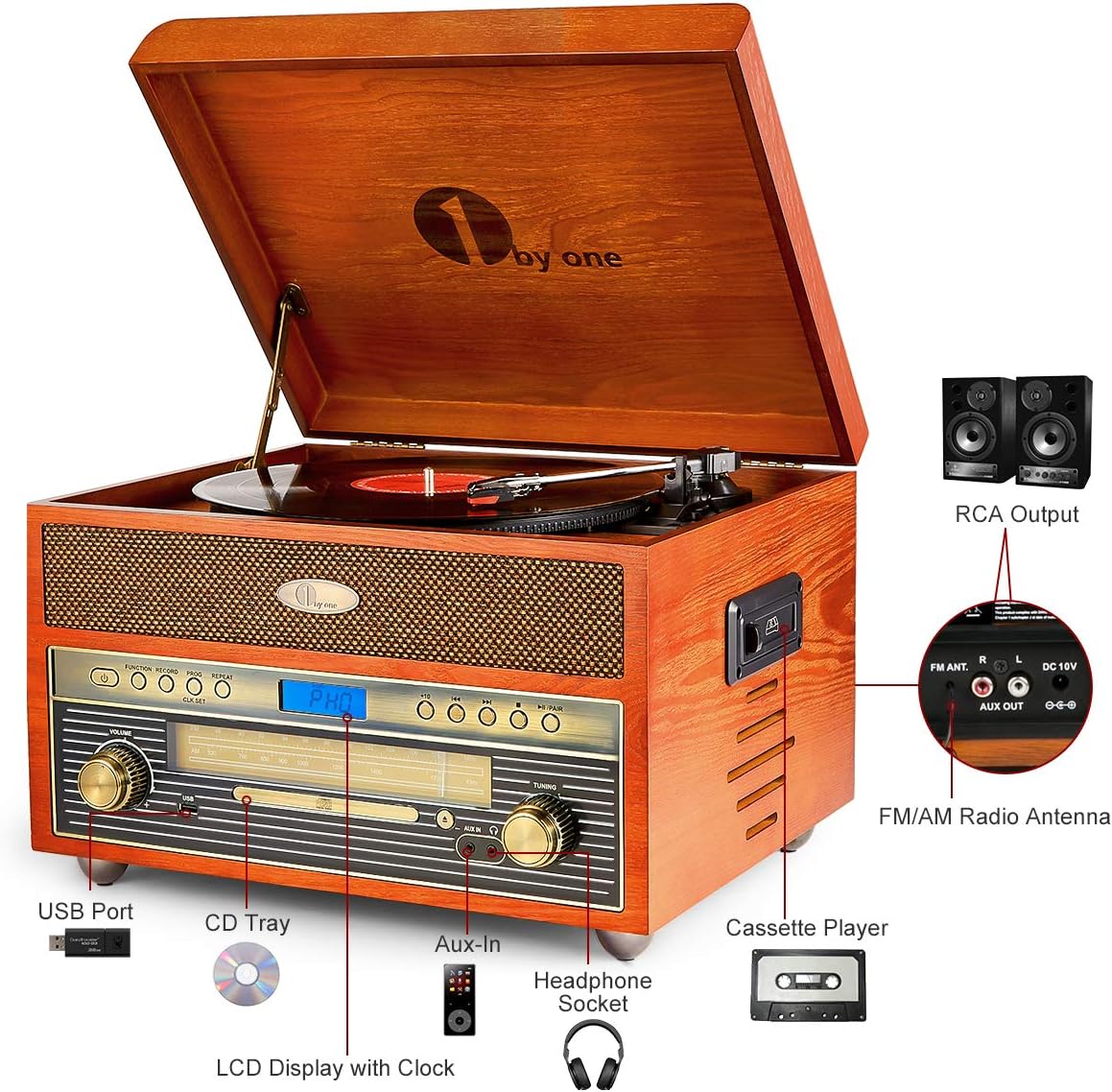 1byone Nostalgic Wooden Turntable Wireless Vinyl Record Player with AM, FM, CD, MP3 Recording to USB, AUX Input for Smartphone and Tablets, RCA Output