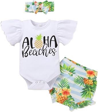 FYMNSI Newborn Baby Girls Summer Outfit Romper + Shorts + Headband Coming Home Cow Pineapple Clothes for Birthday Photo Shoot