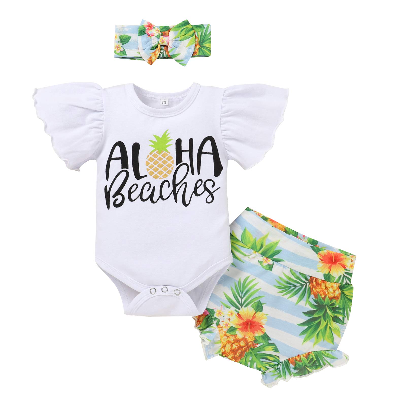Odizli Ensemble De 3 Vêtements D'été Pour Bébé Fille Avec Body à Manches Courtes Short Fruit Bandeau Nœud Papillon, Ananas., 0-3 Mois