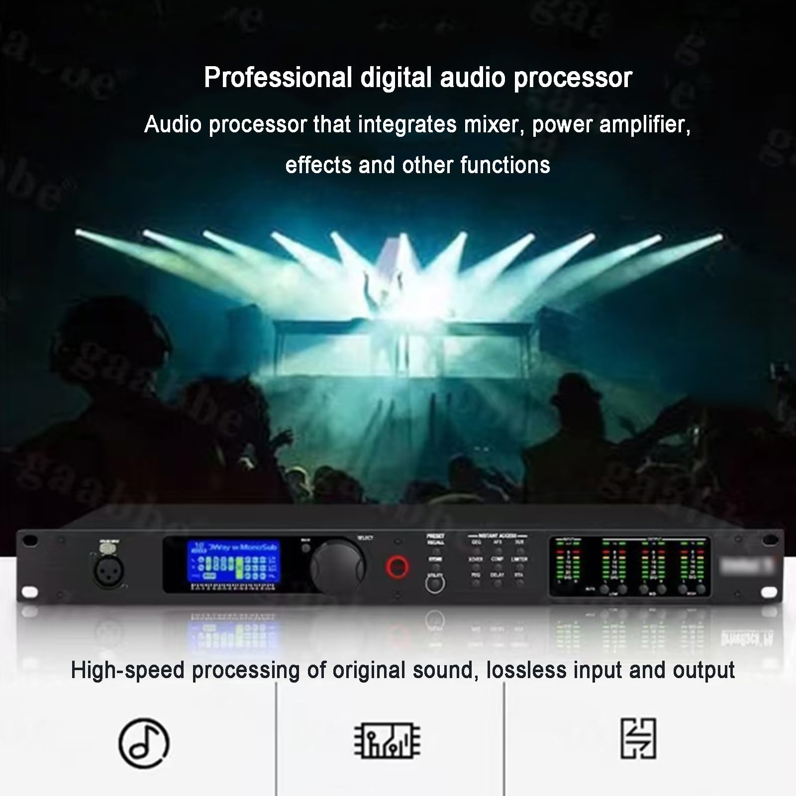 Procesador de audio digital profesional, amplificador de potencia y efector con pantalla LED retroiluminada y altavoz integrado para estudio de DJ y actuaciones en vivo