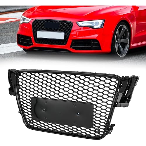 KARPAL Front Bumper Grille Fit for 2008-2012 Audi A5/S5 B8 8T RS5 Style Hex Grille Gloss Black Honeycomb Sport Mesh