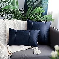 Vista 3 de BRAWARM Fundas de almohada de cuero azul marino de 12 x 20 pulgadas, funda de almohada lumbar de piel sintética con ribetes, almohada de cuero