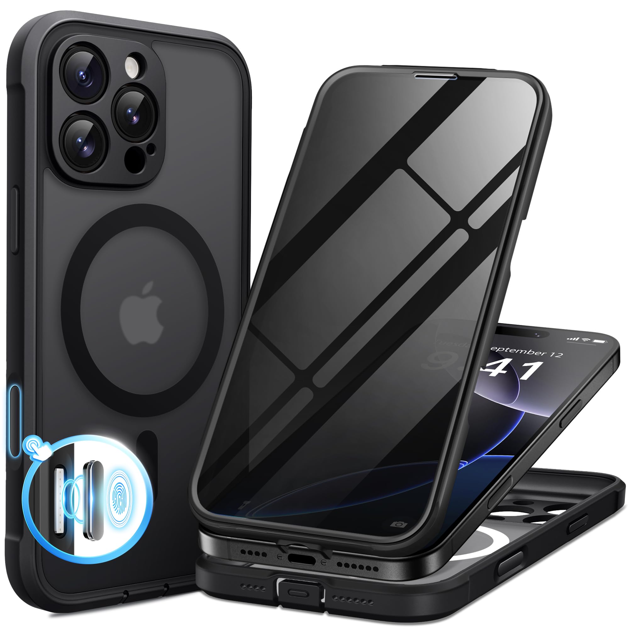 BERFY for iPhone 16 Pro Case, Compatible with MagSafe, Built-in Privacy Screen Protector and Camera Protection, Anti-Spy Full Body Shockproof Matte