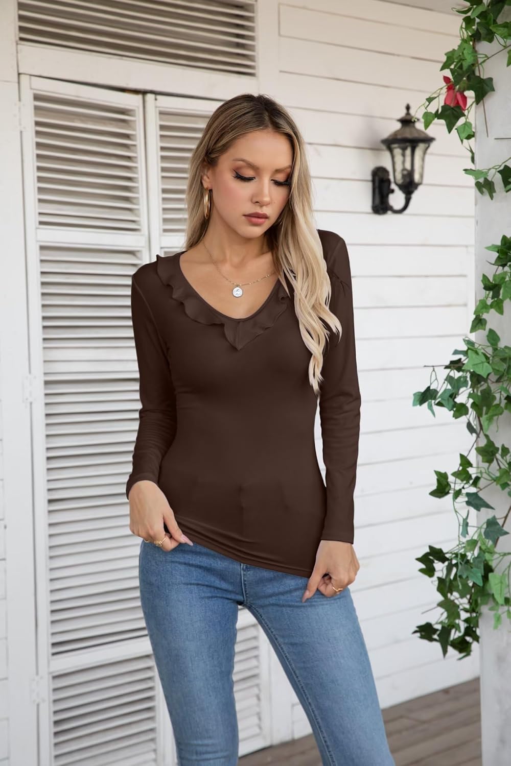 VICHYIE Womens Long Sleeve Shirts V Neck Ruffle Hem Slim Fitted Ribbed Knit Trendy Tee Tight Tops - Image 3