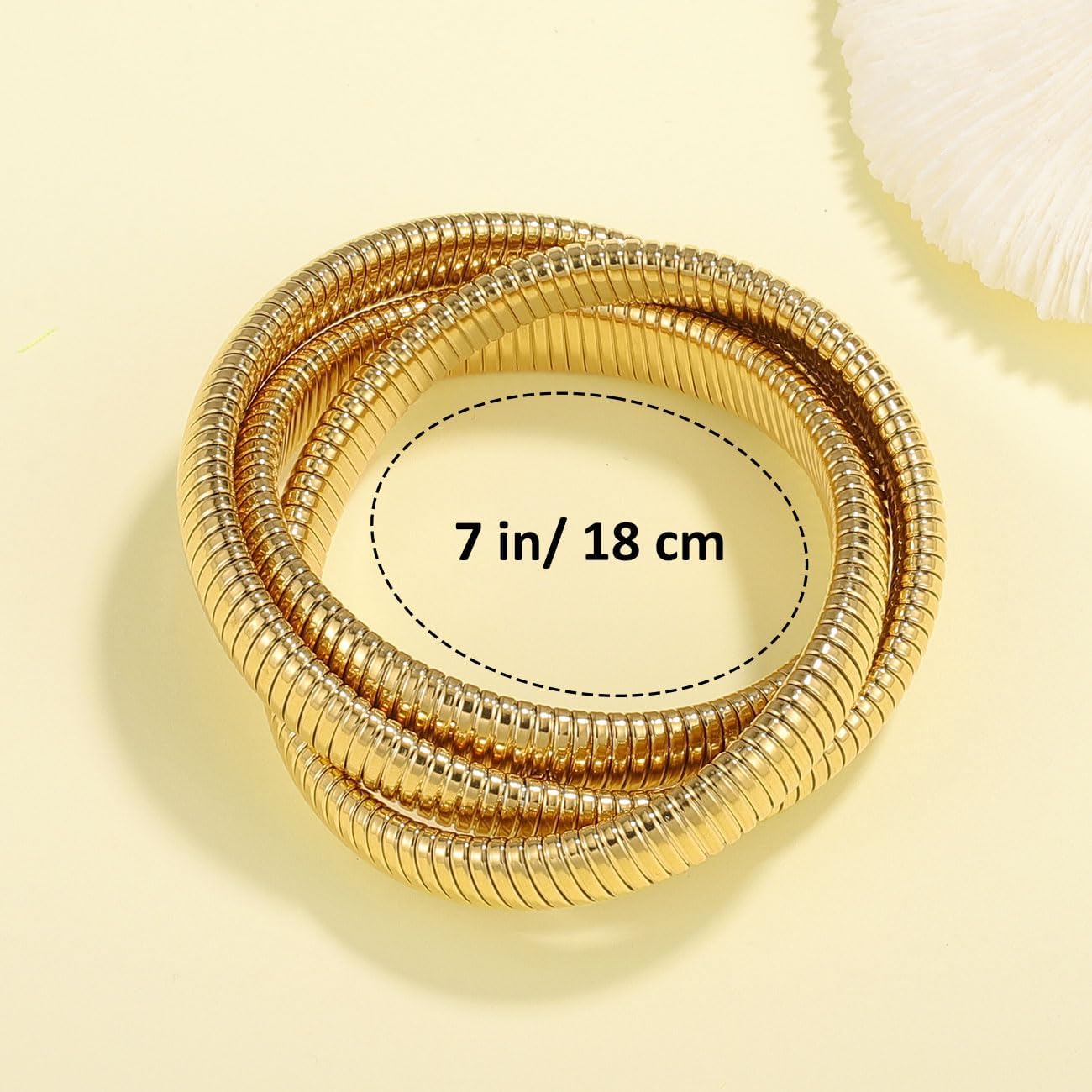 Emibele Gold Bangles Bracelet Set for Women, 18K Gold Plated Chunky Stainless Steel Non Tarnish Stretch Bracelet Stack, Flexible Wide Wristband Bangle Layered Snake Chain Bracelets - Image 9
