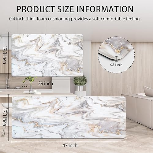Miniatura 2 de Juego de 2 tapetes de cocina acolchados antifatiga, color blanco y dorado, tapetes de cocina lavables de mármol, antideslizantes, impermeables, para