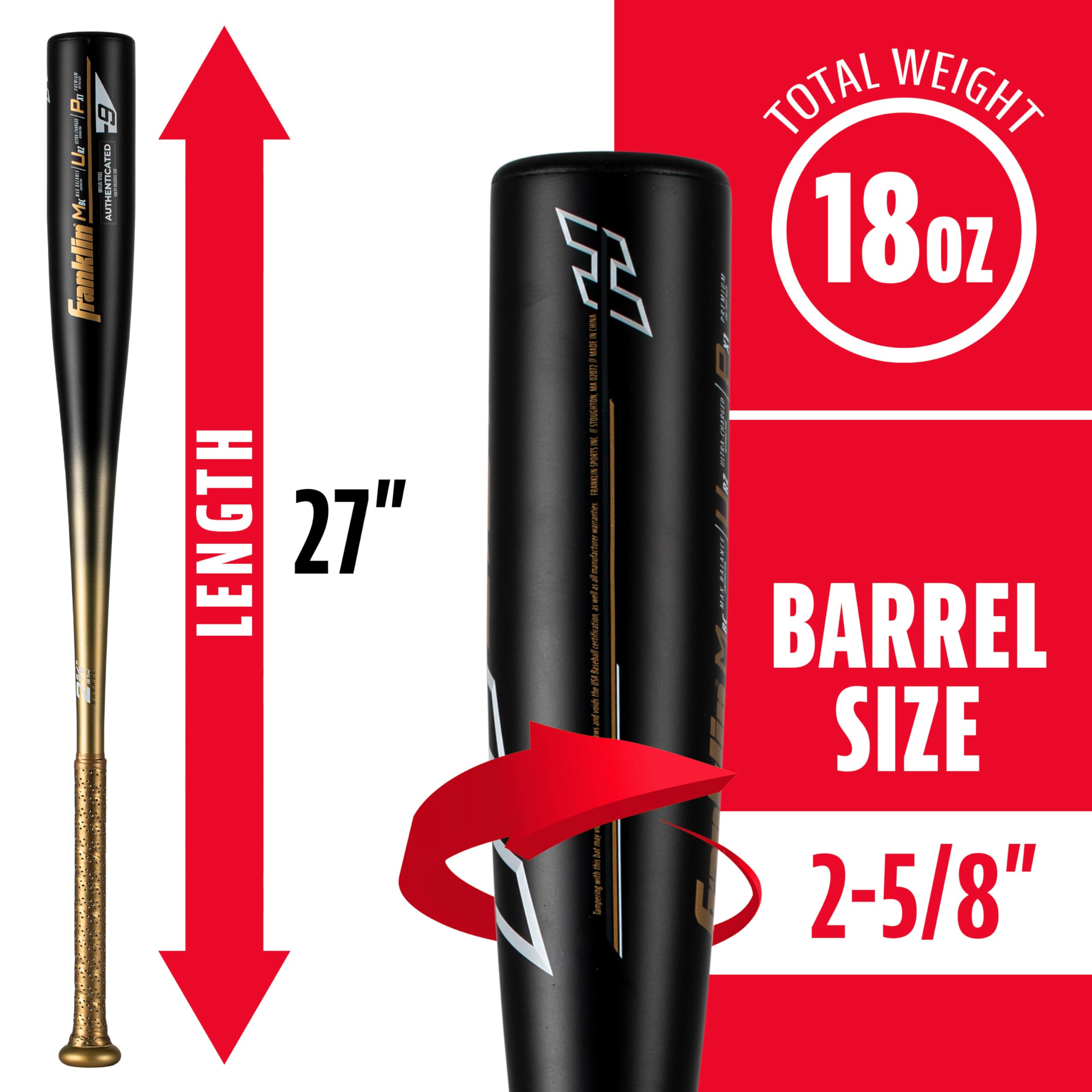Franklin Sports - Bate de béisbol para jóvenes, Bates de béisbol para niños de 8 a 12 a 2 5/8 Pulgadas, Bate de Metal para niños, caída Juvenil -9 + -10 Bates de Aluminio, béisbol de Estados Unidos,