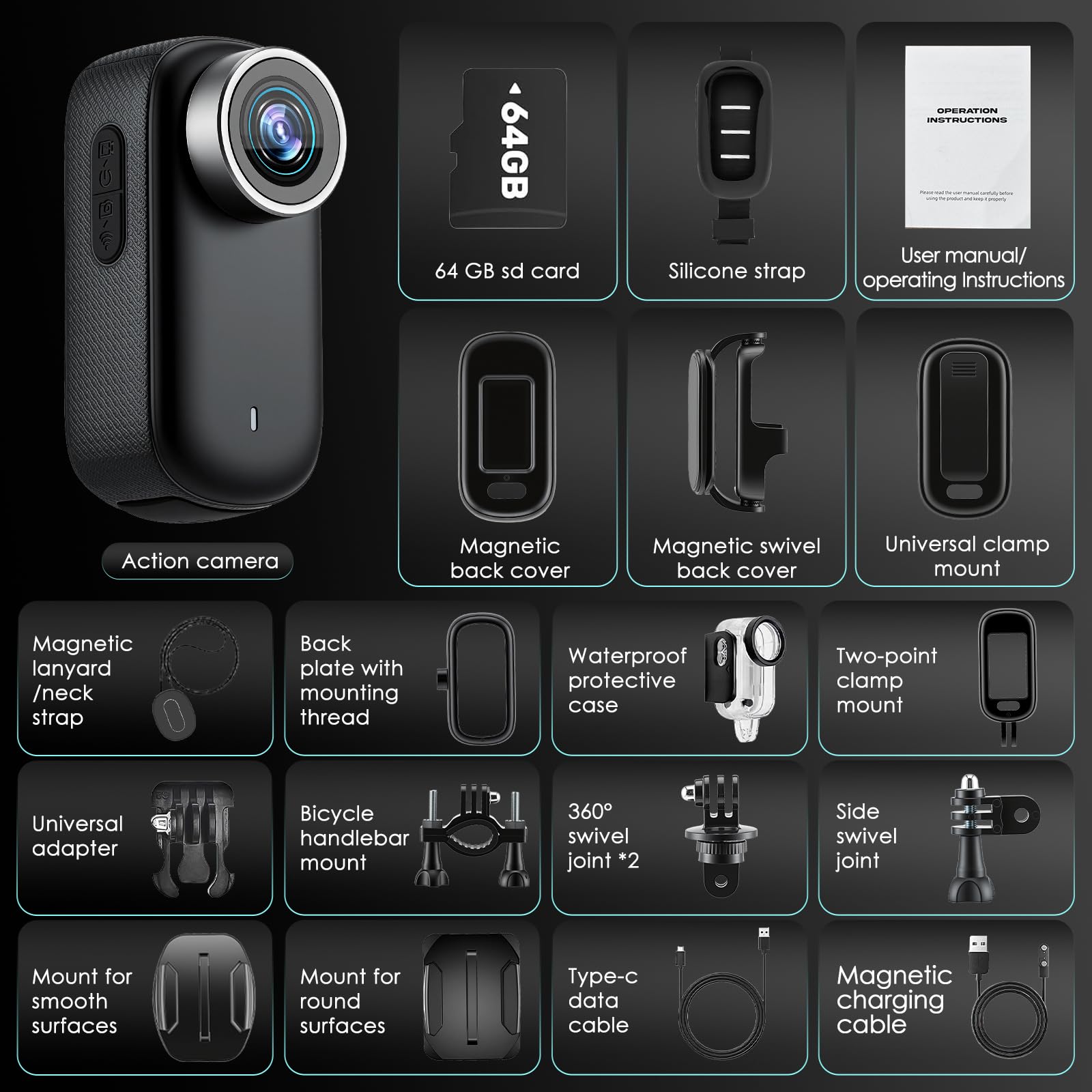 Action Cam a 360° con touch screen e batteria di 8 ore, impermeabile fino a 30 m con alloggiamento, fotocamera POV grandangolare 120° con 10+ accessori per ciclismo, viaggi, sport, inclusa scheda TF