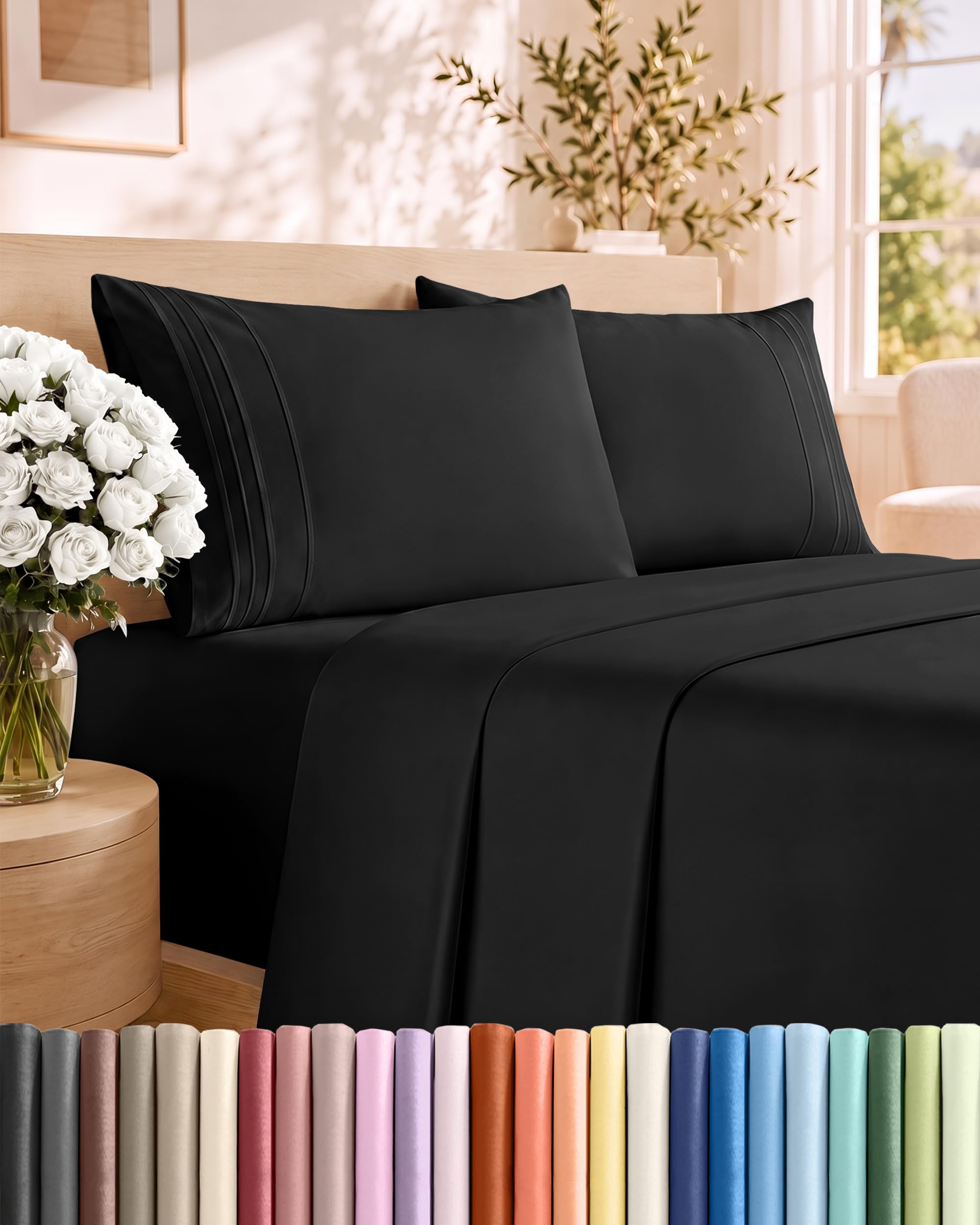 King Size 4 Piece Sheet Set - Comfy Breathable &amp; Cooling Sheets - Black