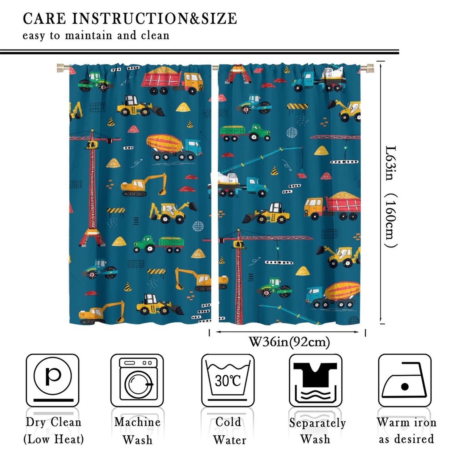 Cartoon Truck Print Curtains for Kids Room, Bucket Truck Thermal Insulated Noise Reducing Blackout Rod Pocket Window Drapes for Boys Girls Bedroom Living Room 72x63in