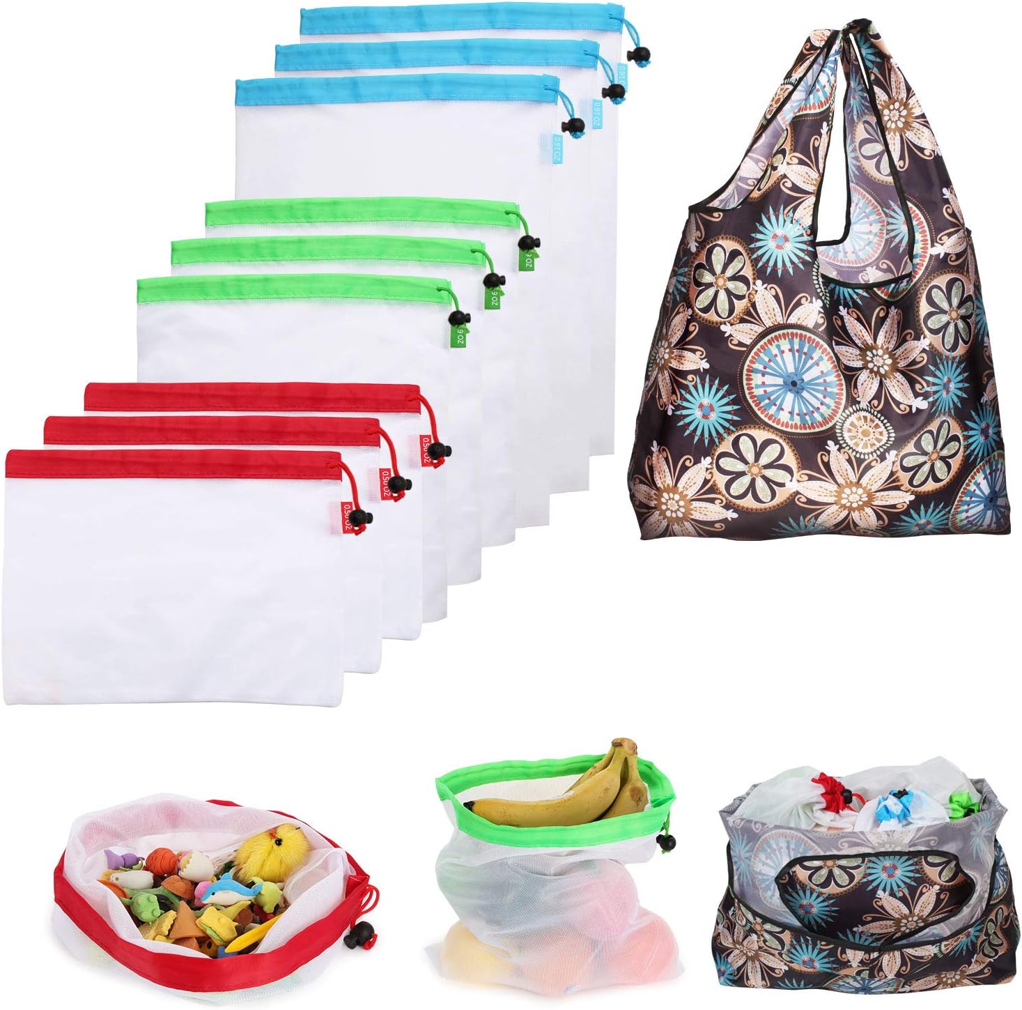 Reusable Produce Bags Food Safe Eco Friendly Produce Bags 10(3 Small 3 Medium 3 Large)1 Large Reusable Grocery bag Washable for Grocery Shopping Fruit Vegetable Toys Storage Set