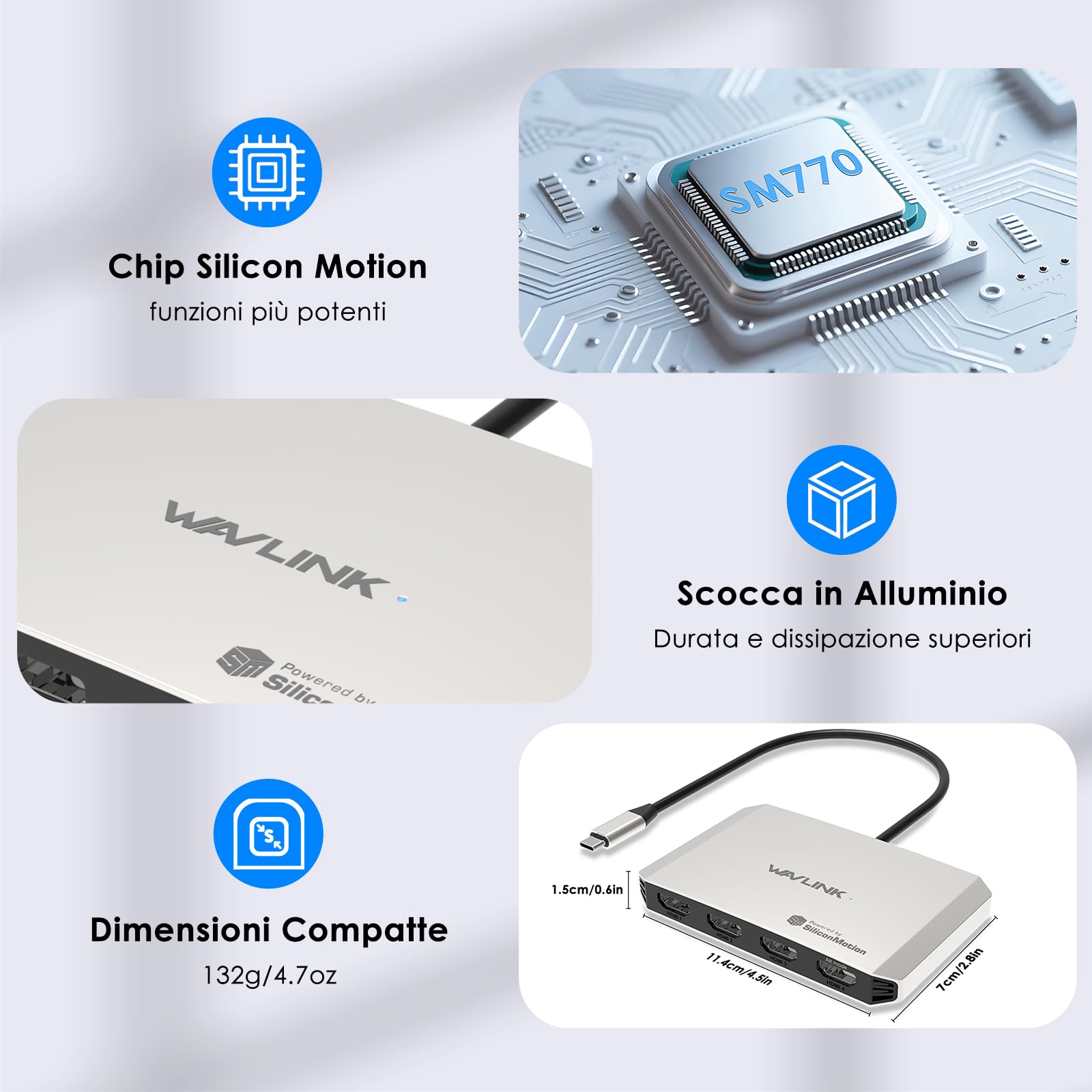 WAVLINK Adattatore da USB C a HDMI, adattatore per quattro monitor per sistemi macOS M1/M2/M3/M4, ingresso PD da 140 W, 4 HDMI, uscita quadrupla 4K, driver SMI e host USB 3.2 richiesti