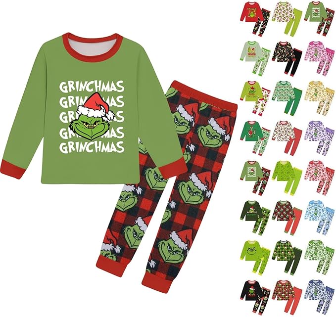 Christmas 2 Piece Outfits for Kids Green Monster Ugly Funny Print Long Sleeve Tops and Long Pants Xmas Set